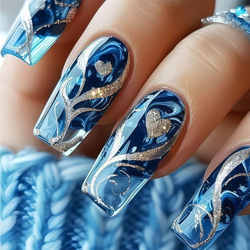24 Stk Blaue Press-On-Nägel mit Goldener Kurve, Mittelgroß Quadratisch Acryl Nägel zum Aufkleben für Frauen, Mädchen Party & Alltag