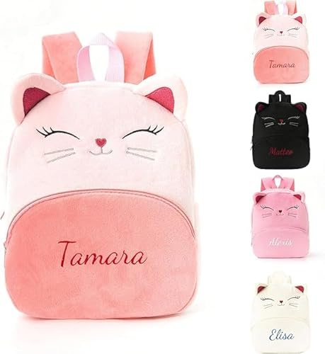 Generisch Personalisierte Kindergartenrucksack Mädchen & Jungen mit Namen Aufsticken, Katze Kita Rucksack Kinder Kindergarten, Schulrucksack Kleinkind Rucksäcke für Schule, Weich & Leicht (Hellrosa)