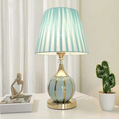 Mengjay Vintage Nachttischlampe mit Kabel,Tischlampe aus Keramik,Moderne Tischleuchte mit Stoffschirm,E27 Fassung,Dekolampe,Leselampe,Nachtlicht für Schlafzimmer, Wohnzimmer,Kinderzimmer (Blau)