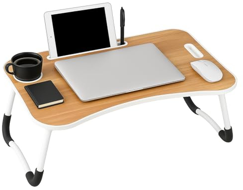 iTrend Laptop Bed Table, Laptop Desk with Foldable Legs & Cup Slot, Portable Tablet Notebook Stand Breakfast Bed Tray with Curved Design Charging Slot & Handle for Sofa, Bed, Terrace, Balcony, Walnut