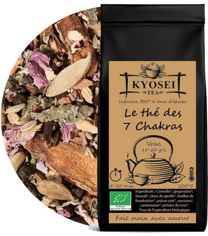 Kyosei Tea – Infusion Bio “Le Thé des 7 Chakras” – Vrac 100 g – Gingembre, Cannelle & Curcuma – Fenouil, Cardamome & Rose – Sans OGM & Sans Gluten