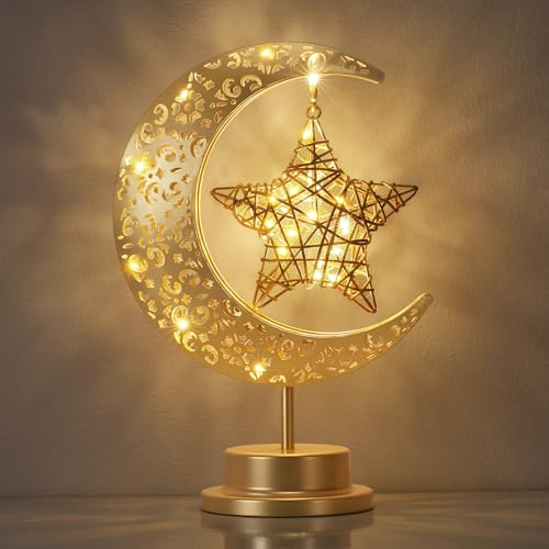 Luxspire Ramadan månlampa, halvmåne och stjärna ramadan lampor dekorationer för hem, Eid Mubarak-dekor batteridrivna ramadanlyktor, marockansk bord present till sovrum nattduksbord, vinmåne +