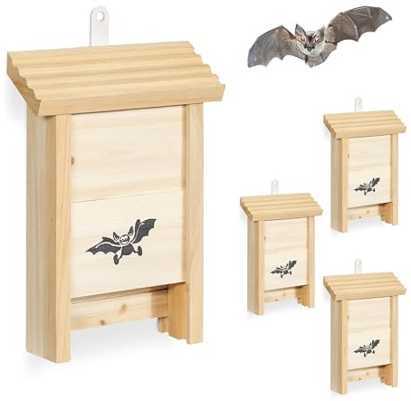 Relaxdays Fledermauskasten, 4er Set, Unterschlupf für Fledermäuse, unbehandeltes Holz, HBT: 25 x 18 x 6 cm, Natur