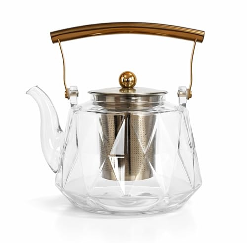 Charbrew 1000ml Glass Teapot with Infuser - Gold Ball Lid & Handle | Borosilicate Glass, Loose Leaf Tea, Teabags & Blooming Tea, Serves 5 Cups