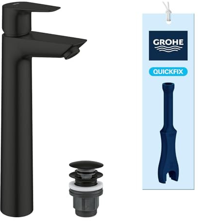 GROHE StartEdge, Waschtischarmatur hoch, wassersparend (Wasserhahn für das Bad, Badarmatur mit Pop-Up Ablauf, 30cm hoch XL, mit 3in1 Werkzeug, einfache Installation), mattschwarz, 237772431