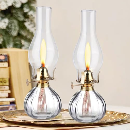Retro Petroleumlampe, 2 Stück Glas Petroleumlampe für Innenräume, Transparente Öllampe Glas, Klassisches Petroleum Lampen, Winddicht Öllampe, Einstellbare öl Lampen für Notfall, Garten, Esszimmer