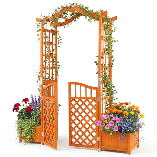 COSTWAY 210 cm Jardinera con Celosia, Pérgola de Jardín con Puerta y 2 Jardineras, Arco Jardin Exterior de Madera con Orificios de Drenaje, Enrejado para Plantas Trepadoras, Rosas y Enredaderas