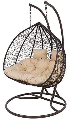 PATIO Hängesessel 2 Sitzer Hängestuhl mit Gestell 2 Personen Indoor Outdoor bis 200 kg beige Auflage und 2 Kopfkissen brauner Korb aus Polyrattan Stahlgestell Marcel Wenge 2-Sitzer