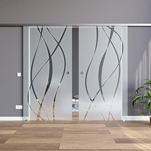 BM6-900-AS-DPL: Schiebetürsystem doppelflügelig ESG 2x900x2050x8mm Dekor M6, Siebdruck; Schienensystem ALU SlimLine SoftStop; Griffmuschel