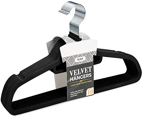 Non Slip Velvet Coat Hangers - Slim Flocked Wardrobe Coathanger for Clothes, Trouser, Scarf, Suit - Black - 10 Hangers