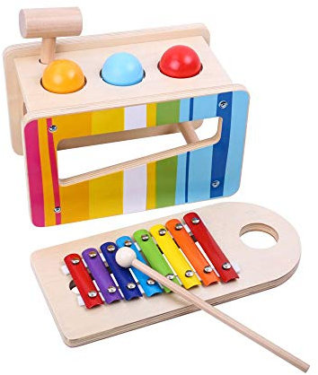 Tooky Toy Holzspielzeug Xylophon mit Hammerspiel inkl. Schlegel und Holz-Hammer - schult Klangverständnis und Koordinationsfähigkeit - ab 3 Jahren geeignet - ca. 27,5 x 14 x 20,5 cm