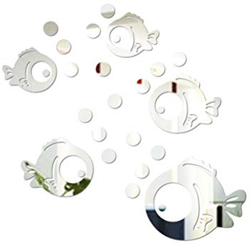 VORCOOL 3D Acryl Spiegel Wandaufkleber Fisch und Blasen, Silber Wandtattoo Badezimmer, Selbstklebende Wanddeko für Fliesen, Wohnzimmer, Schlafzimmer, Kinderzimmer