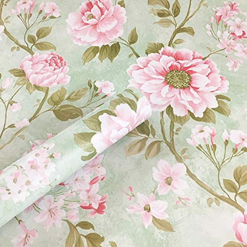 45cm by 250cm Vintage Green Floral Paper Self Adhesive Vinyl Shelf Drawer Liner for Furniture Crafts Home Decor Sticker