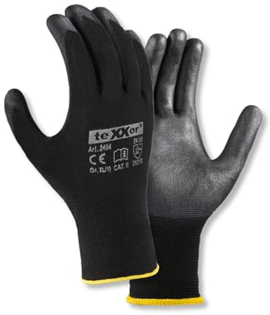 texxor 12 Paar Polyester-Strickhandschuhe 2404, PU beschichtet, Packung, schwarz, 9/L, Strickhandschuhe, Arbeitshandschuhe, Schutzhandschuhe