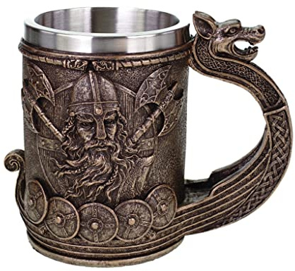 Joh. Vogler Wikinger Krug Drakar Wikingerschiff Becher mit Metalleinsatz, Polyresin und Metall, Becher, 1 Pint, 14 x 17 x 11 cm, Wikinger, Trinkbecher