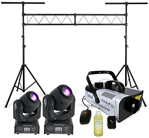 Ibiza light - Portique Dj support Lumière de 3 M très robuste - 2 Lyres SPOT7 Dmx avec Gobos - 1 Machine à Fumée 900W avec 2 Télécommandes - 1 SMOKE 1 L offert - PA DJ JEUX DE LUMIERE SOIREE