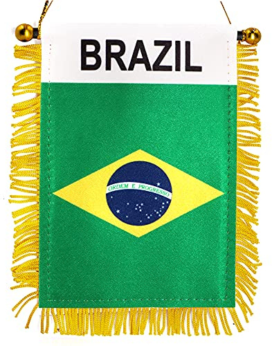 Anley 4 x 6 Zoll Brasilien Fransenfenster-Hängeflagge - Mini-Flaggenbanner & Auto-Rückspiegel-Dekor - Fransen & Doppelseitig - Brasilianische Hängeflagge mit Saugnapf