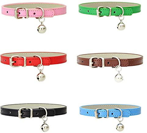 JZK 6 x Katzenhalsbänder aus Leder mit abnehmbarer Glöckchen und langlebiger Metallschnalle weich verstellbar Haustier-Halsbänder für Kätzchen, Welpen, kleine Hunde