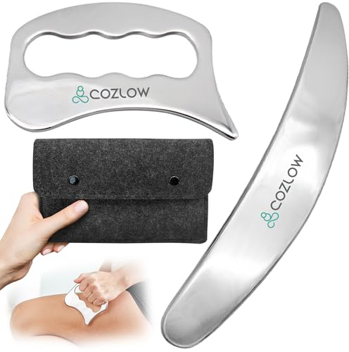 2-in-1 IASTM Tool Set - Stainless Steel Gua Sha Muscle Scraper Fascia Tools | Cozlow soft tissue mobilisation tools are ultra-smooth and polished to glide safely over skin without scratching the skin.