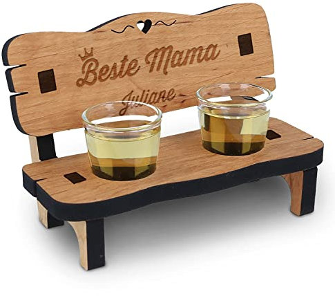 GRAVURZEILE Panca per grappa con incisione personalizzata, in legno di ontano oliato, con 2 bicchierini da liquore, regalo per mamma, festa della mamma, compleanno, Natale