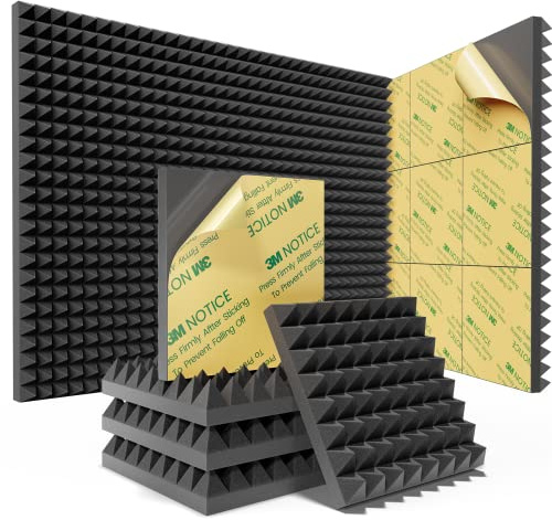 Sonicism 12 Pack Pyramid Sound Proof Foam Panels with Self-Adhesive, 12 X 12 X 2 Acoustic Foam Panels of High Density, Soundproof Wall Panels Fast Expand, Sound Absorption and Decoration (Black)