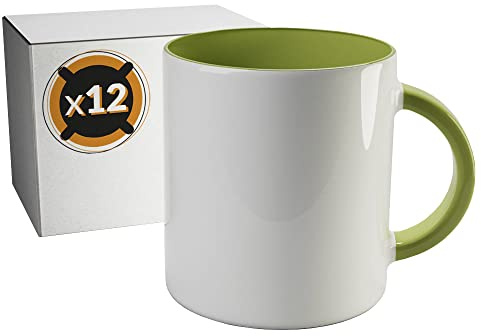 PixColor – 12 tazas de sublimación de cerámica blanca con interior de color verde claro | Caja individual | 350ml | Categoría AAA | Aptas para microondas y lavavajillas | Cricut