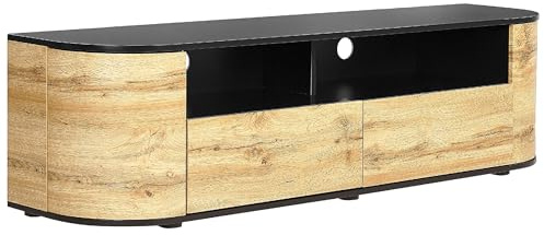 Meuble TV Bois Clair et Noir en MDF 44 x 160 x 40 cm Angles Ronds 2 Tiroirs Jerome