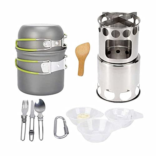 Campingkocher Kochgeschirr für den Außenbereich Mess-Kit Klappbarer Holzofen für den Außenbereich Camping-Topf-Set Schalen Löffel Geschirr Kochset (Color : B) (C) (A)