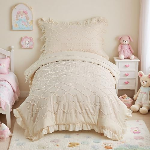 4-teiliges Boho-Bettwäsche-Set für Mädchen, gepunktet, mit Rüschen, weiche Jacquard-Stickerei, inkl. Bettdecke, Bettlaken, Spannbetttuch, Kissenbezug