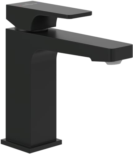 Villeroy & Boch Architectura Quadratischer Waschtisch, Badezimmer mit Zugstange und Keramikkartusche, wassersparender Waschtisch, Auslaufhöhe 113 mm, Quadratisch, Mattschwarz