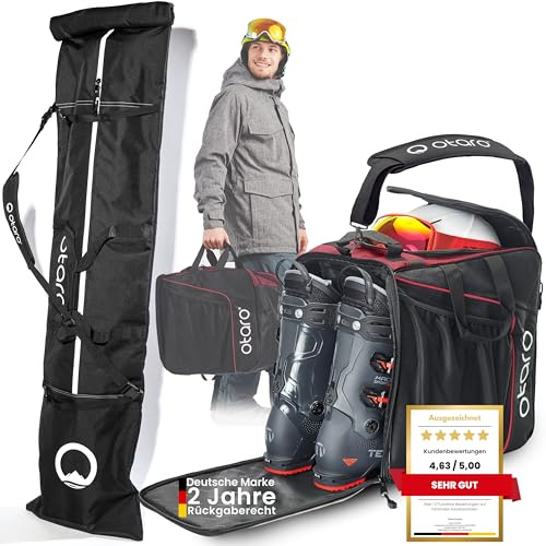 Otaro Skischuhtasche und Skitasche XL (Classic Set | Bordeauxrot | Für 2 Paar Ski) | Skitasche für Ski und Skischuhtasche mit Helmfach | Ski Taschen, Skischuhtaschen