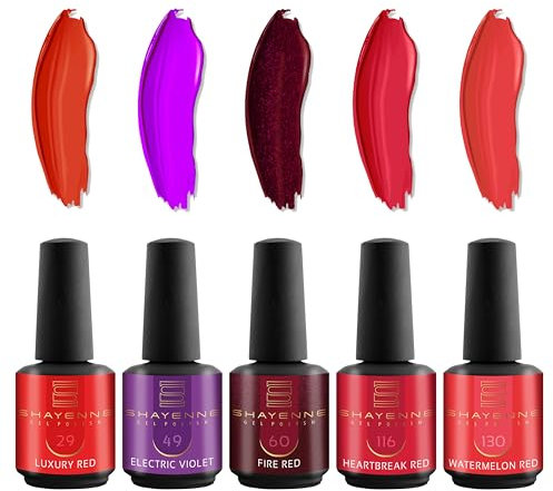 SHAYENNE UV Gel Nagellack 5 Rot Rosa Lila Violett Glitzer Töne je 15 ml für UV LED Lampe | MADE in GERMANY Gesamt 75 ml | Nail Polish Lamp | Nagel Lack Gellack Nagelgel Variant 9