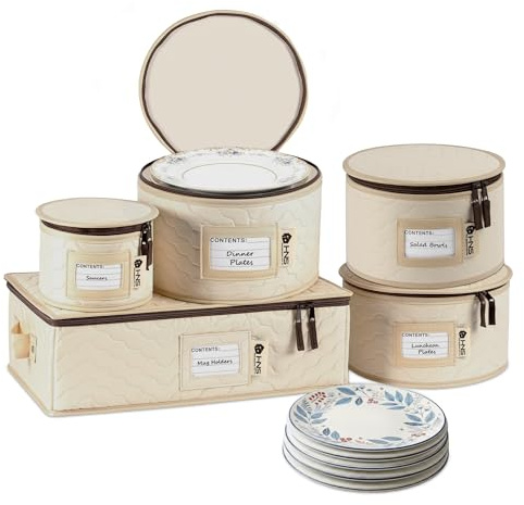 China Storage Hard Shell Containers 5-Piece Set Moving Boxes for Dinnerware, Glasses, Plates, Mugs and Saucers Sturdy Dish Organizer with Dividers for Seasonal Storage - Service for 12 - Beige Quilted