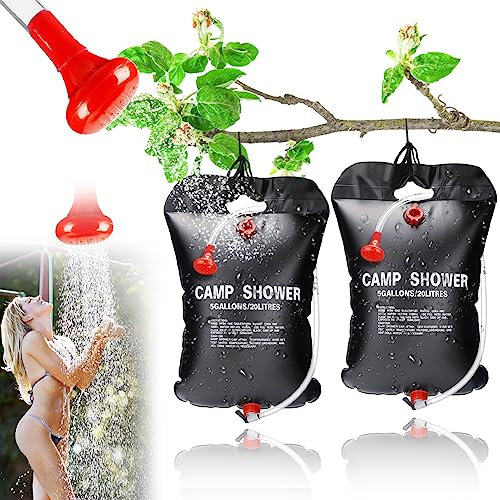 Yuragim 2 Stück Campingdusche Solardusche Tasche, 20L Solardusche Camping, Tragbare Solar Duschsack Heizung Mobile Camping Dusche Tasche für Outdoor Camping Wandern mit Duschkopf, Schlauch und Seil