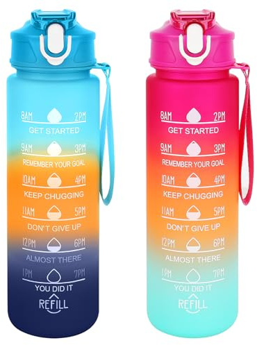 MJFENDAI 2pcs Sports Water Bottle, 750ML Water Bottle with Straw, Leak Proof Flip Top Lid, BPA Free, Drinks Bottle with Straw and Time Scale for Gym, Hiking, Fitness, Yoga (2 Bottle)