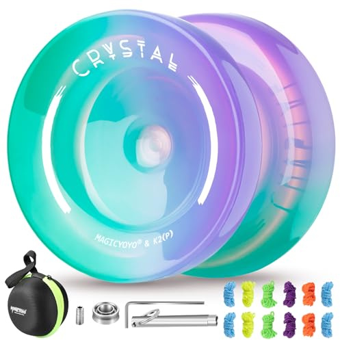 MAGICYOYO JoJo Responsive Yoyo para niños, profesional JoJo Trick Jo Jo Jo para principiantes, Crystal JoJo K2 Verde Violeta, Gradiente Multiusos, con rodamiento Yoyo Unresponsive + 12 Jo Jo Cuerda