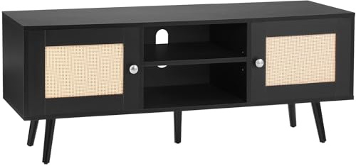 VEVOR Rattan TV Stand, Boho TV Cabinet for 55 inch TV, Mid Century Modern TV Stand, Rattan TV Console with Adjustable Shelfs for Living Room, Media Room, Black