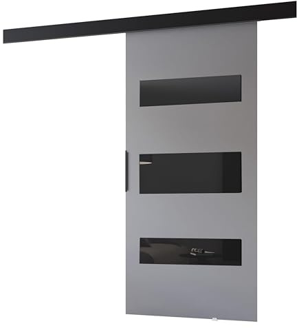 MINIO go for it - Schiebetüren 96 cm, Schiebetür Zimmertür PRIM D | Schiebetürsystem für Zimmer, Dekorative Elemente, Wandmontage, Türe Innen - Schwarz/Schwarzer Griff, Grau / Schwarz
