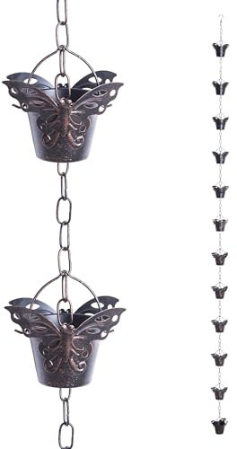 TZSSP Regenkette, Kupfer-Regenketten, 12 Tassen, 2,4 m Dachrinnenkette, verstellbare Regenfängerkette für Outdoor-Gartendekoration, Ersatz-Fallrohr für Dachrinnen, Schmetterling