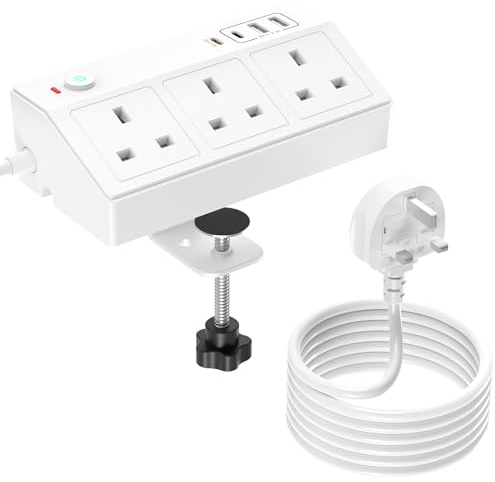 HAFINO Desk Extension Lead 3M with PD20W USB-C, Power Socket with USB Slots | PD 20W Surge Protected Extension Lead( 2A2C) with Removable Clamp, Desktop Power Strip for Home Office, White