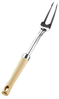 Fourchette à découper de 33 cm – Fourchettes à viande en acier inoxydable pour cuisine – Fourchette de cuisine avec poignée en bois pour grill, barbecue – Fourchettes de service avec deux dents pour