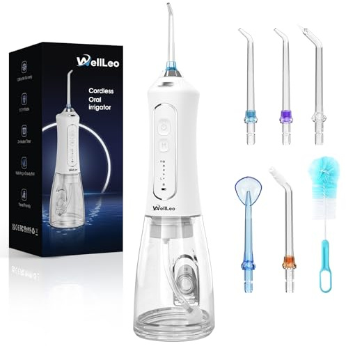 WellLeo Water Flosser for Teeth, 300ML Cordless Oral Irrigator Rechargeable Dental Flosser Picks with 5 Modes 5 Jet Tips,IPX7 Waterproof Teeth Cleaner for Braces Gum Care, Home Travel Use