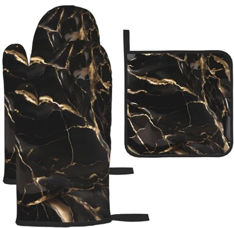 Black Gold Marble Non-Slip Cooking Gloves for Kitchen and Outdoor Grilling Oven Mitts and Pot Holders Set 3 Pcs