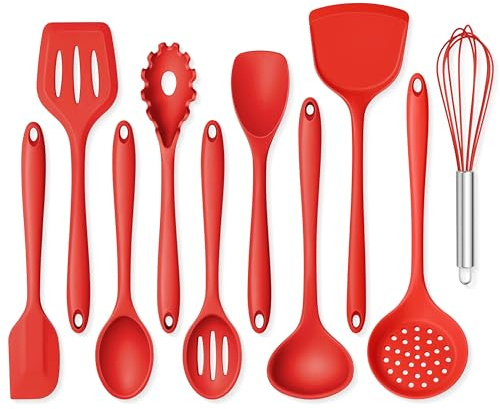 Onader 10 Pieces Cooking Utensils Set, Red Silicone Kitchen Utensils Set for Cooking, Non Toxic & Heat Resistant