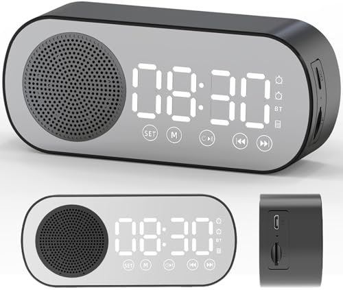 BOBASH Digital Alarm Clock, Bedside Clock with FM Radio and LED Display Bluetooth Speaker Double Independent Alarm Clock Adjustable Brightness USB Charging