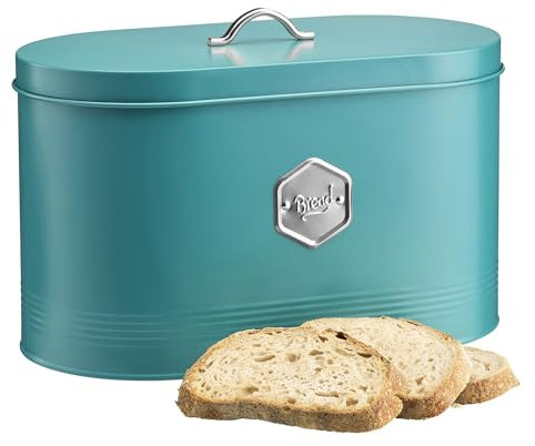 Cooks Professional Bread Bin | Modern Stylish Kitchen Countertop Labelled Metal Storage Canister | Breathable Container Box for Loaves, Pastries, Rolls | Teal & Silver