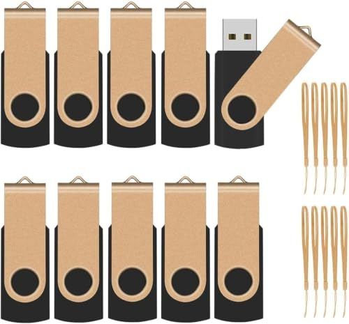 TEWENE USB Stick 2GB 10er-Pack, USB 2.0 Rotating Speicherstick Gold | Inklusive Trageschlaufe, um 360° drehbarem Gehäuse und breiter Kompatibilität