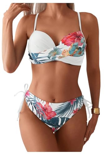 GORGLITTER Women's Push Up Bikini Set Underwire Floral Tie Side Hipster Swimsuits 2 Piece Swimwear White X-Large