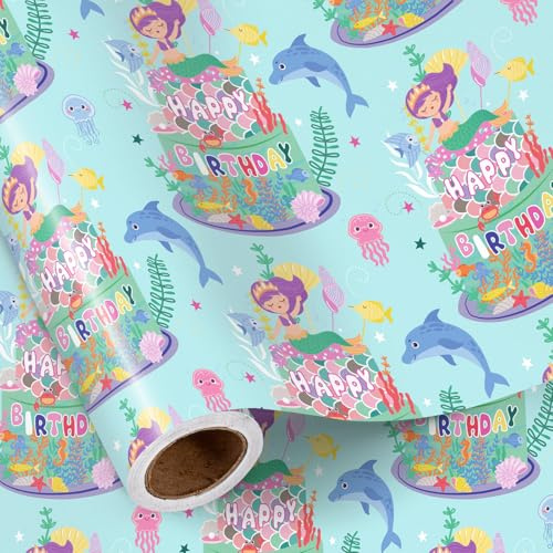RUSPEPA Geburtstags-Geschenkpapierrolle für Mädchen, Mini-Rolle, Meerjungfrau- und Ozeankuchen-Design mit „Happy Birthday“-Schriftzug, Unterwasser-Geschenkpapier für Kinderpartys, 43,2 cm x 5 m