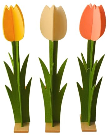 3er Set Deko Tulpen, Filzblumen Tulpe, Kunstblumen Tulpe, Blumendeko Tulpen, Frühlingsdeko Tulpe, Tulpendeko aus Filz mit Holzfuß, Kunstblumen Tulpen in Gelb/Pink/Weiß , L/B/H 7 x 4 x 34cm.